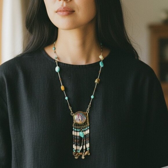 Handcrafted Necklace Path of the Spirit Walker – Turquoise & Tiger’s Eye 30" - Picture 1 of 9